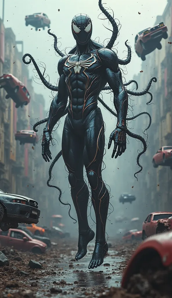 Iron Spider-Man merged with Venom, floating mid air, in a scrapyard, bent cars floating around With Symbiote that held it, strong Venom field. 