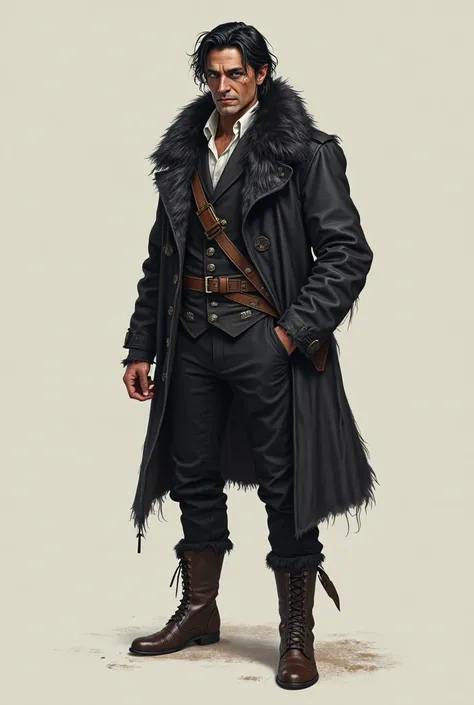 Concept Art Style, Full Body View, 30 year old man from the 1800s, black hair, right eye is blue, left eye is blind with a scar over it, wearing a wolf skin jacket, black trousers, and boots, give him a mean look