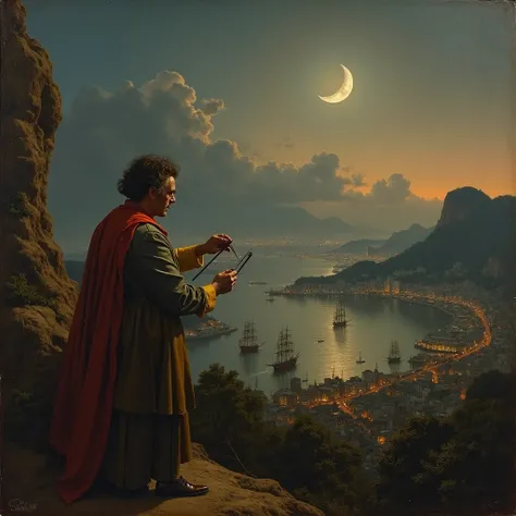 1820; Anoitecer no Rio de Janeiro In 1820. Jean-Baptiste Debret painting the Moon at the top of Corcovado, In 1820. 18th century city. Several ships in Guanabara Bay. 