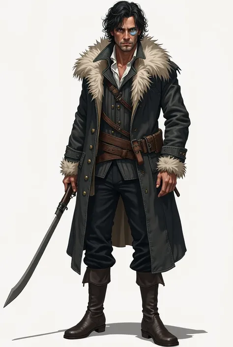 Concept Art Style, Full Body View, 30 year old man from the 1800s, black hair, two different colored eyes right eye is blue left eye is white, wearing a wolf skin jacket, black trousers, and boots, give him a mean look, he’s a hunter