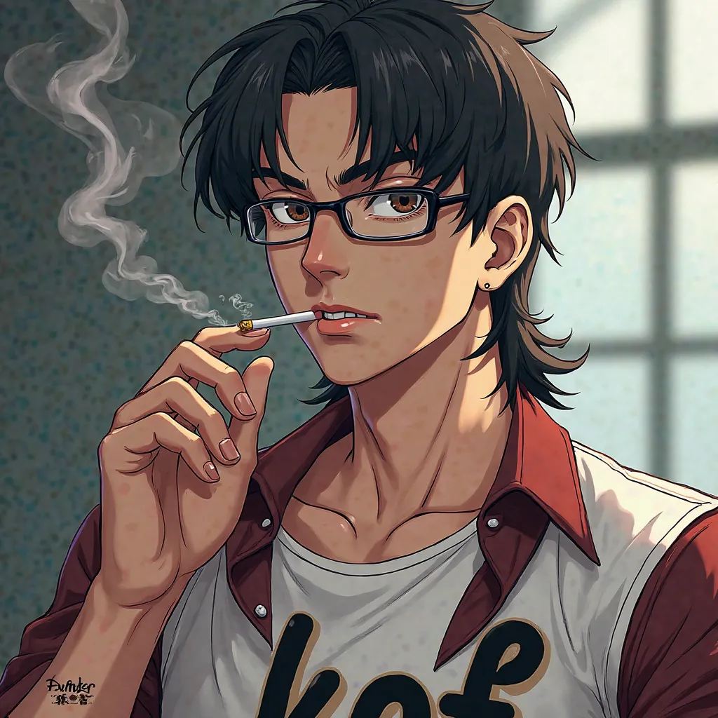 A Handsome Boy in glasses smokes and wears a shirt with text "KOF" anime, Closed Mouth, Mullet, Large breasts, serious, 