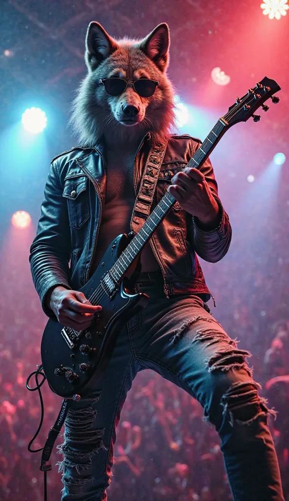 A full-height, human-like wolf, dressed in a rockstar outfit with a leather jacket, ripped jeans, and sunglasses, stands on stage under vibrant stage lights. He holds an electric guitar, his claws expertly gripping the strings as he performs. The crowd is ...