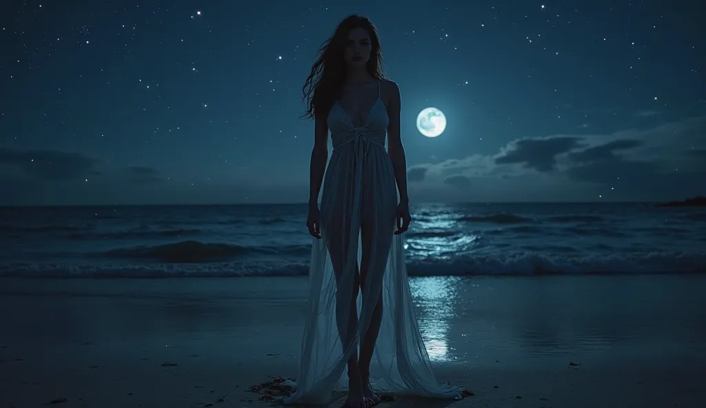 Larissa is at night on the beach wearing only a semi-transparent dress, half-naked, with nothing underneath it and barefoot. The dress reveals almost all of her body.