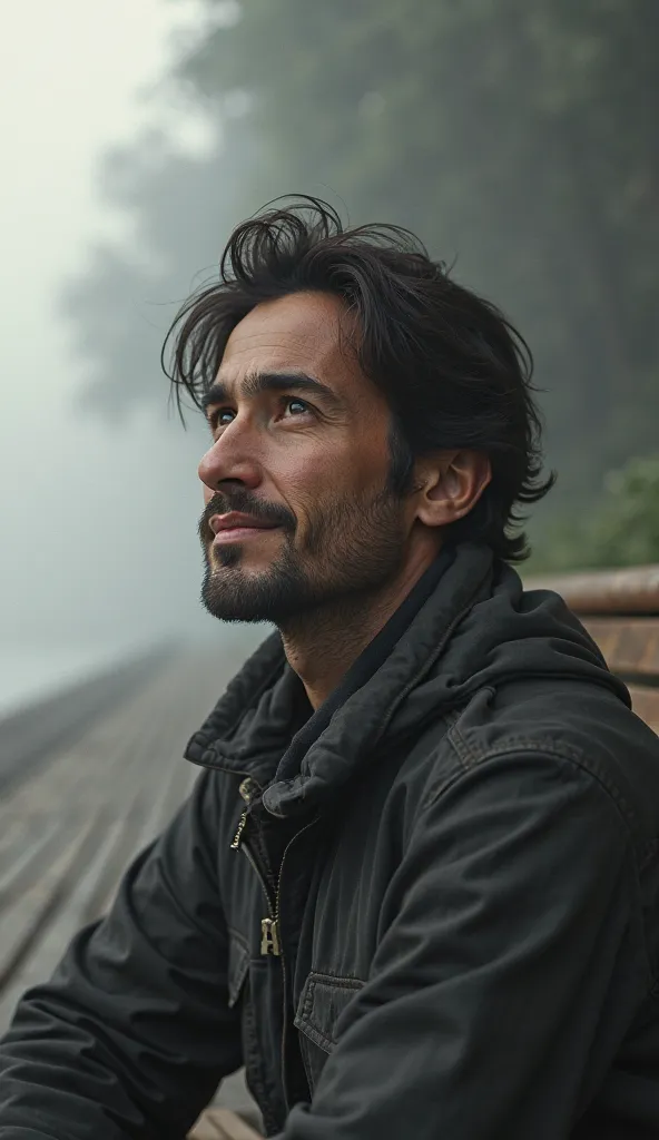 Two eyes of Adrián with a small smile he looks at the horizon sitting on a blurry bench. 