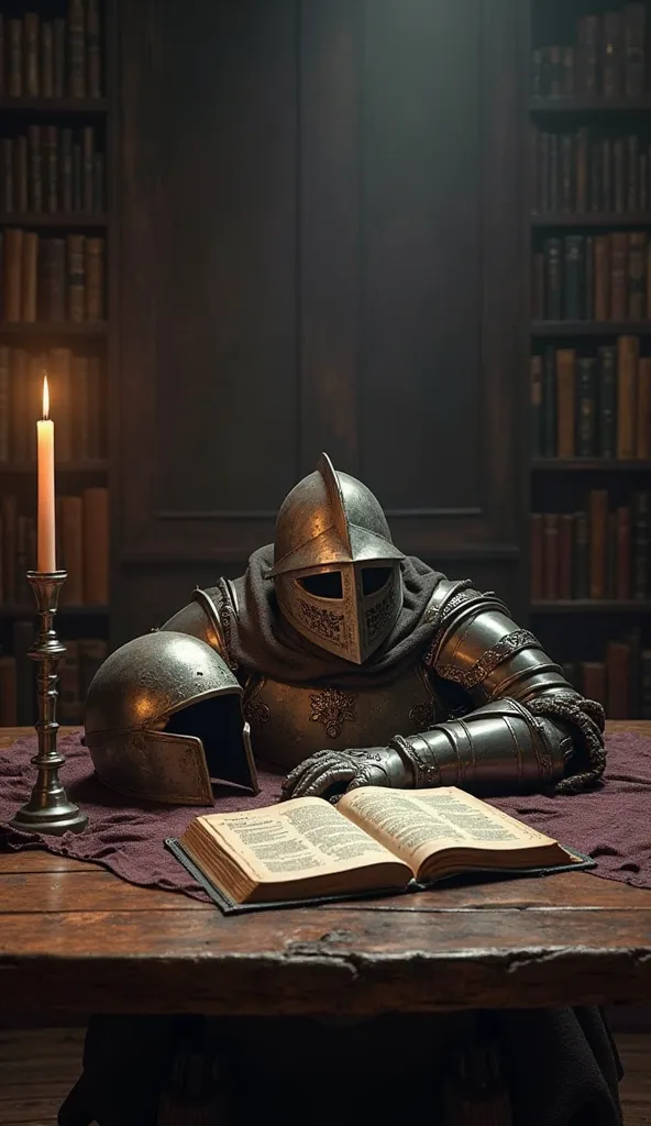 Generate a realistic image of empty armor and a helmet on the table and a Bible next to it, Bible Season 