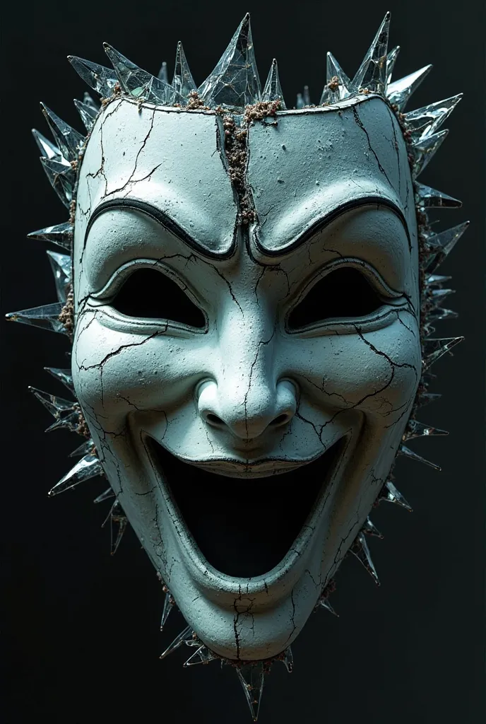 A theater mask divided between happiness and sadness, made of broken glass.