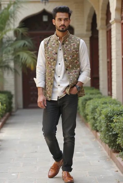 Create a man with Jeans: Black ya Dark Grey Oversized Jeans
✅ Top: Short Kurta ya Mandarin Collar Shirt (White, Olive, ya Maroon)
✅ Layer: Nehru Jacket ya Printed Waistcoat (Pastel ya neutral tones)
✅ Footwear: Ethnic Mojaris ya Loafers
✅ Accessories: Watc...