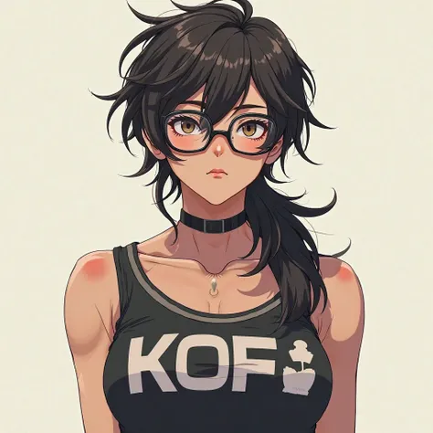 A handsome boy in glasses who smokes and wears a dress with the brand "KOF" anime, Closed Mouth, Mullet, Large breasts, serious, 