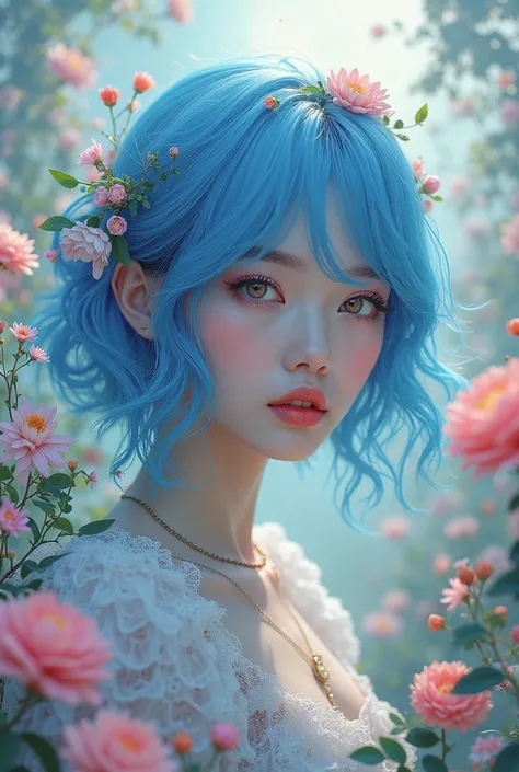 Create a kpop album cover with an indie floral aesthetic featuring a blue-haired woman who looks a bit robotic 