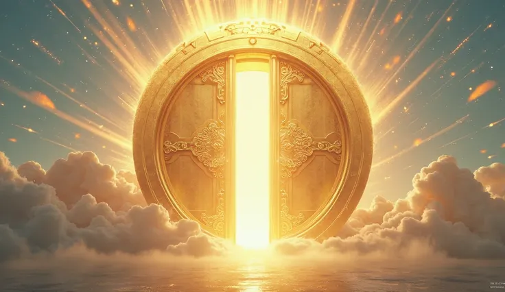 A grand golden door opening in the sky with radiant beams of light spilling out, representing God opening new opportunities and blessings.