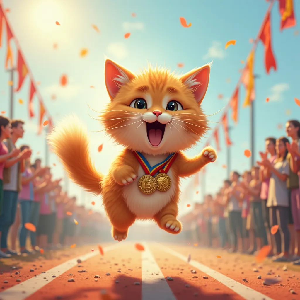 Here’s a detailed prompt for the cat standing at the finish line, celebrating with medals and excitement:

"The fluffy, brown-furred cat stands proudly at the finish line, its small, agile frame glowing with triumph under the bright sunlight. Its tail is r...