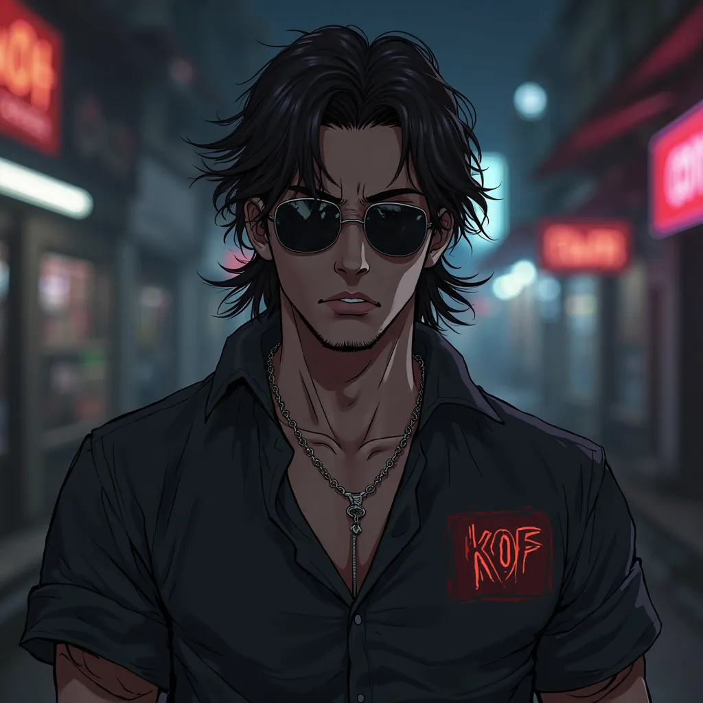 A handsome man who smokes and wears a shirt with the brand "KOF" anime, Closed Mouth, Mullet, serious, Sunglasses, 