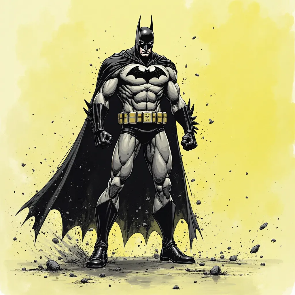 dark Shadow, Sketch, gritty, fine lines, delivering powerful Punch, fierce, torn cape, nistyle, monochrome with pastel yellow color, batman