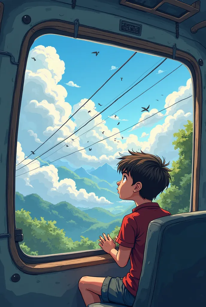 Scene 2: Riding the Cable Car
Inside the cable car: The boy looks down, his heart pounding.
Through the window: The clouds slowly drift by, revealing a breathtaking landscape.
Sound effects: The gentle wind, birds chirping, and the humming of the cable car...