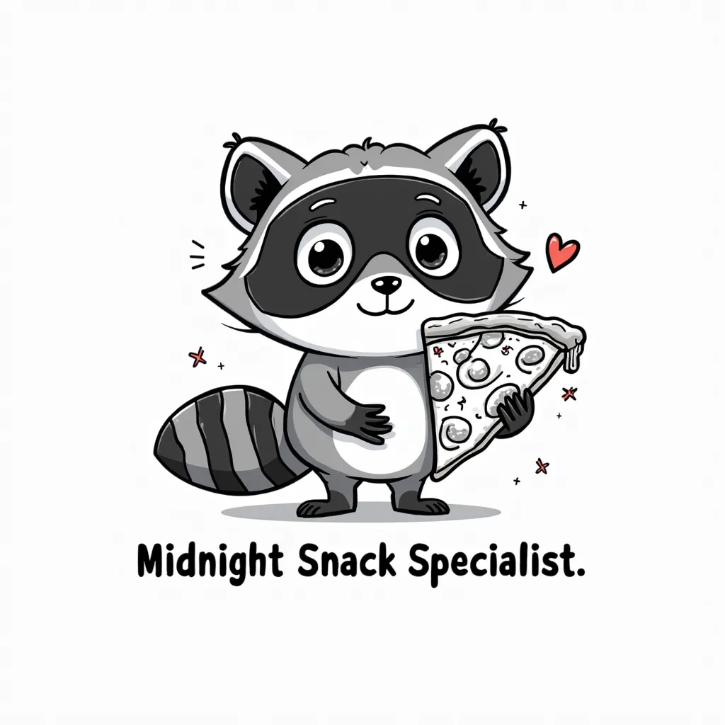 Create a black outline of a raccoon holding a slice of pizza, with a small red heart on the pizza. Add a humorous quote below in black: 'Midnight Snack Specialist.' Keep the background white. Perfect for T-shirts, mugs, and tote bags.