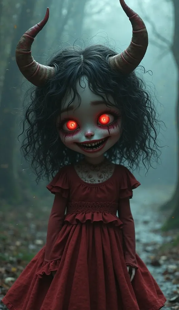 "A  beautiful yet terrifying girl wearing a red frock. She has curly black hair, large rabbit-like teeth, and glowing red eyes that shine eerily in the darkness. Massive, curved bull-like horns protrude from her head, adding to her eerie presence. She stan...