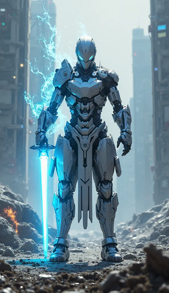 Light sword with a pulsating blade and blue, energy wielded by a cybernetic warrior on a futuristic battlefield.