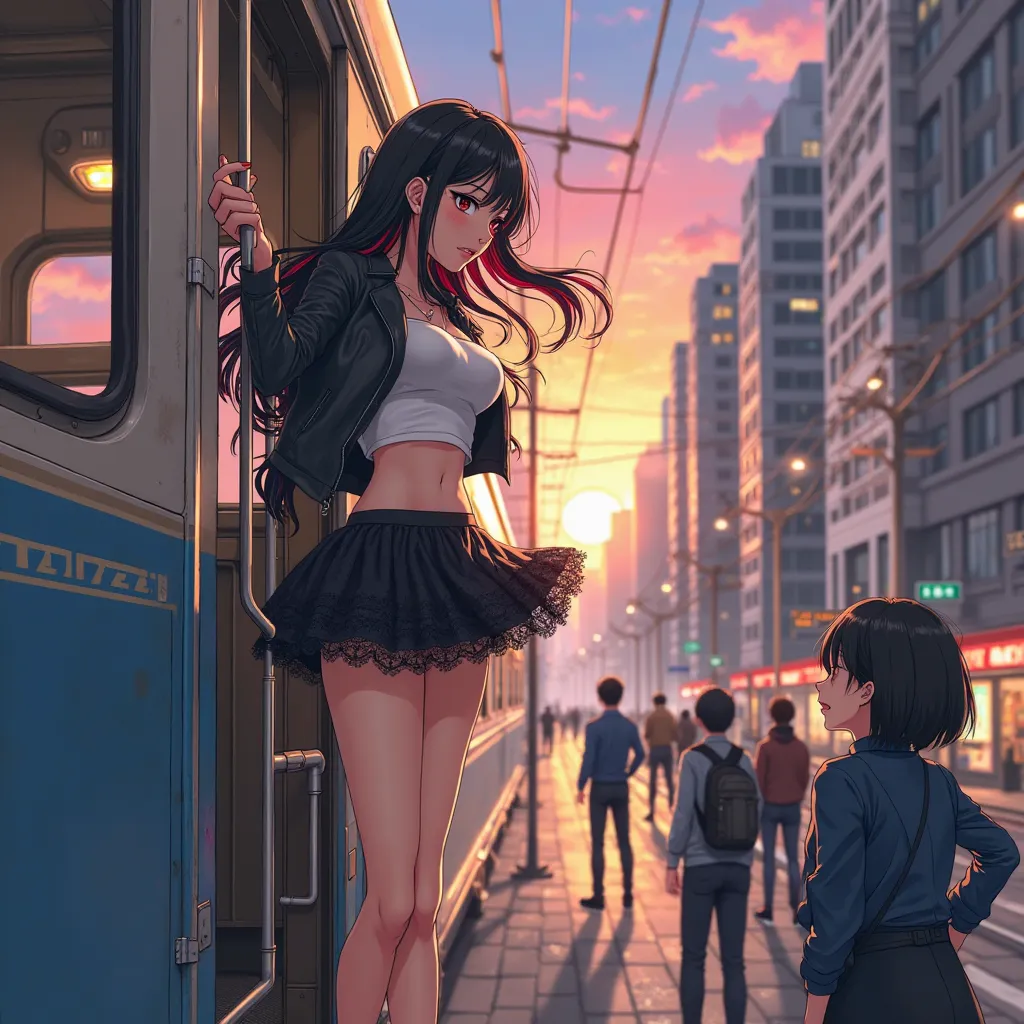 Anime art. Scene of a girl hanging on to the outside of a moving train. Pretty 20 year old Asian girl with long black hair with red highlights. She has a slender physique and thin waist with long toned legs. She is wearing a short ruffled black lace skirt,...