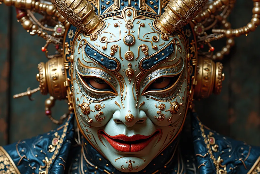 A Japanese Kabuki mask features components simulating electronic applications，circuitry, gold and silvering wiring, fibre optic extensions. There is a large group of Kabuki masks , by Kamisaka Sekka, benjamin lacombe, beeple and jeremiah ketner, by Santiag...