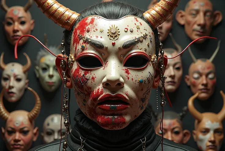 A bloodstained Japanese Kabuki mask features components simulating electronic applications，circuitry, gold and silvering wiring, fibre optic extensions. There is a large group of Kabuki masks , by Kamisaka Sekka, benjamin lacombe, beeple and jeremiah ketne...