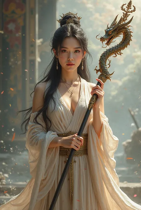 ((best quality)), ((masterpiece)), (  Details), Visualize a beautiful Asian woman, a soldier in gold and red armor, holding a stick with a dragon design, symbolizing grace and wisdom.