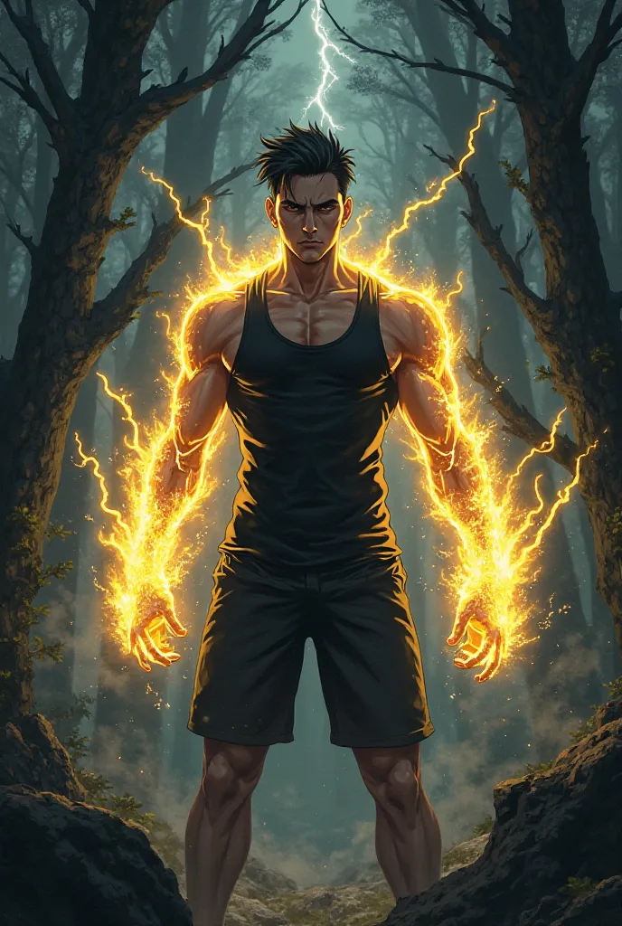 Man with short black hair, black tank top, lean muscle, yellow lightning around the arms, face , in dark forest 4k full body with Anime Berserks Styles