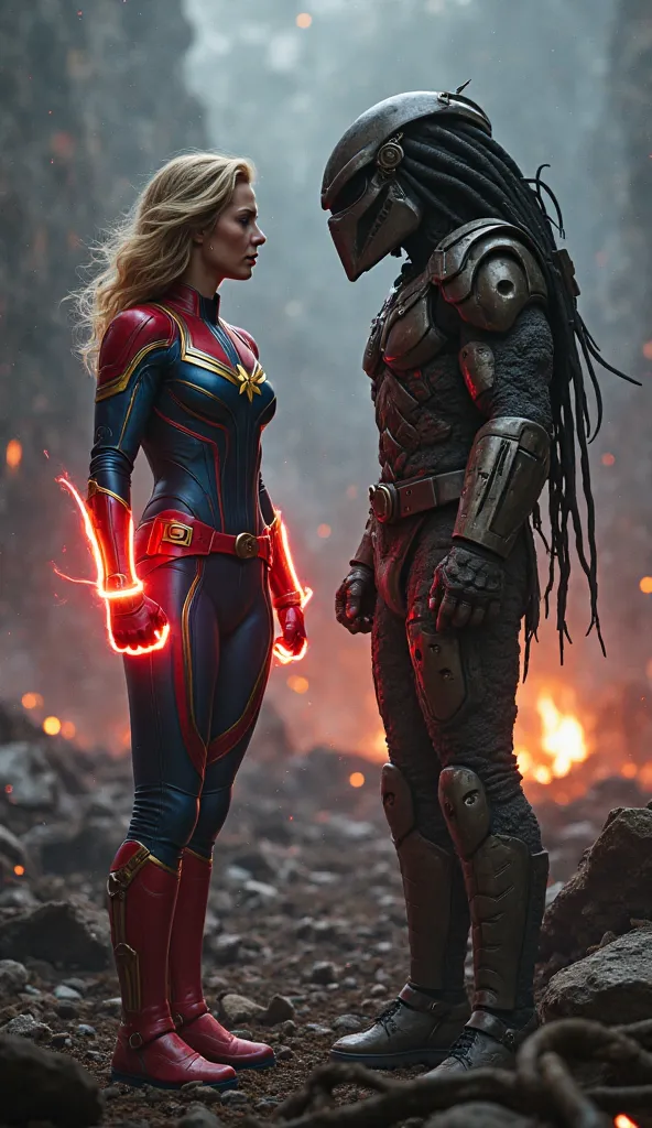 Amidst the wreckage of a downed alien warship, bathed in the dim, flickering light of burning debris, Captain Marvel and the Predator stand together in an uneasy truce. The air is thick with smoke and the scent of scorched metal, the distant hum of dying m...