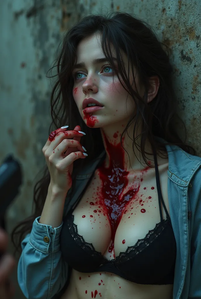 (((Ultra realistic))) Photo, masterpiece, top quality, (Ultra detailed face and eyes:1.3), ultra detailed. (bloody gunshot marks on breast, right leg, body and stomach) (a lot of dark-red liquid blood flowing from inside her mouth in the form of a waterfal...