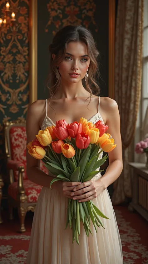 Beautiful woman with large breasts in a luxurious dress, standing with a large bouquet of tulips, in a beautiful, luxurious room