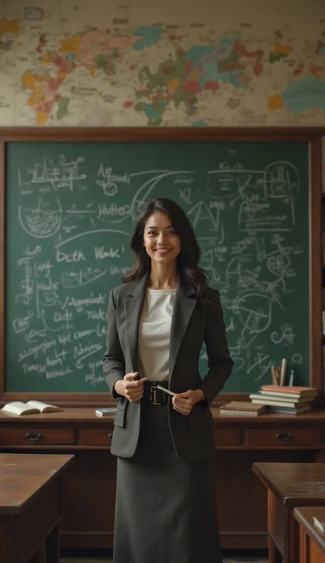 Teacher with a chalkboard in the background behind her