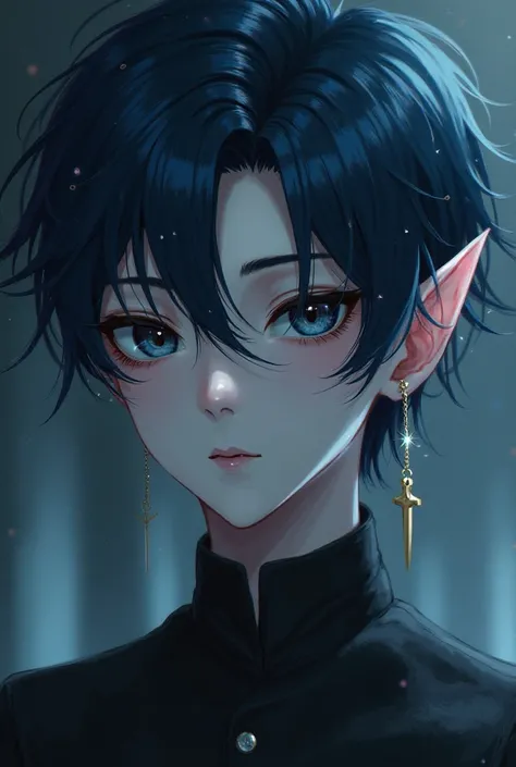 Elf anime boy pale skin dark blue hair and eyes, dark blue dark circles under the eyes of an elf and cross earrings in each ear