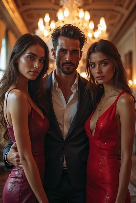 Create a realistic plastic of  typography KAUN TALHA name  a handsome guy standing between two beautiful hottest woman's with romantic look and cinematic background 