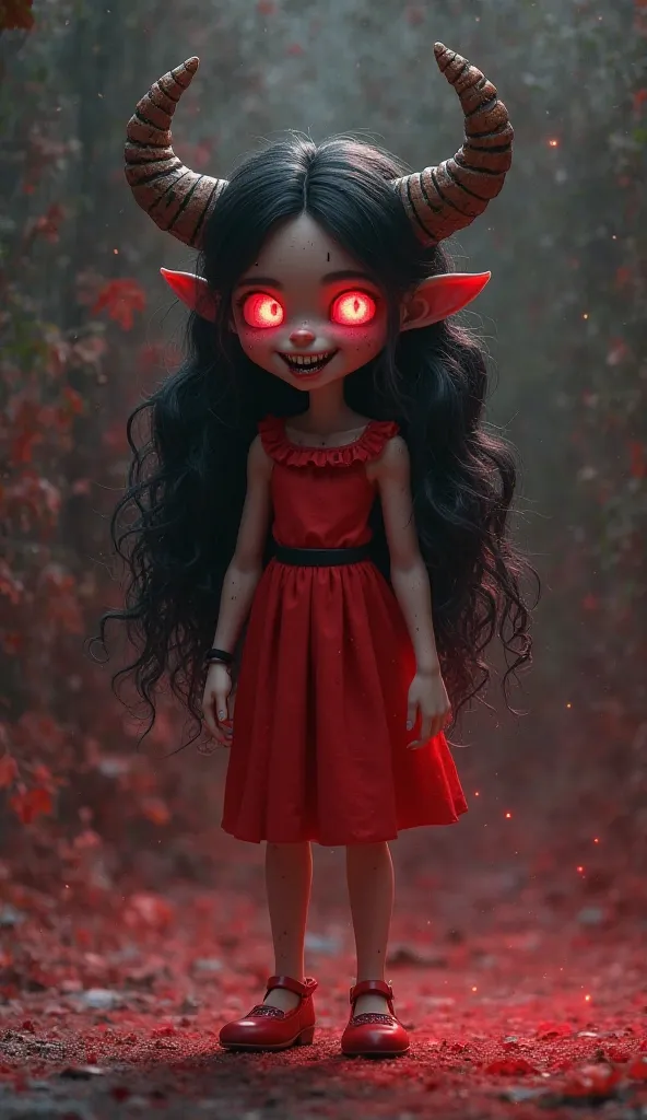 "Create a 3D animated image of a  girl with an eerie yet beautiful appearance. She wears a vibrant red frock and matching red shoes. Her long, curly black hair cascades down her back, framing her face. Her sharp, pointed teeth and claw-like nails give her ...