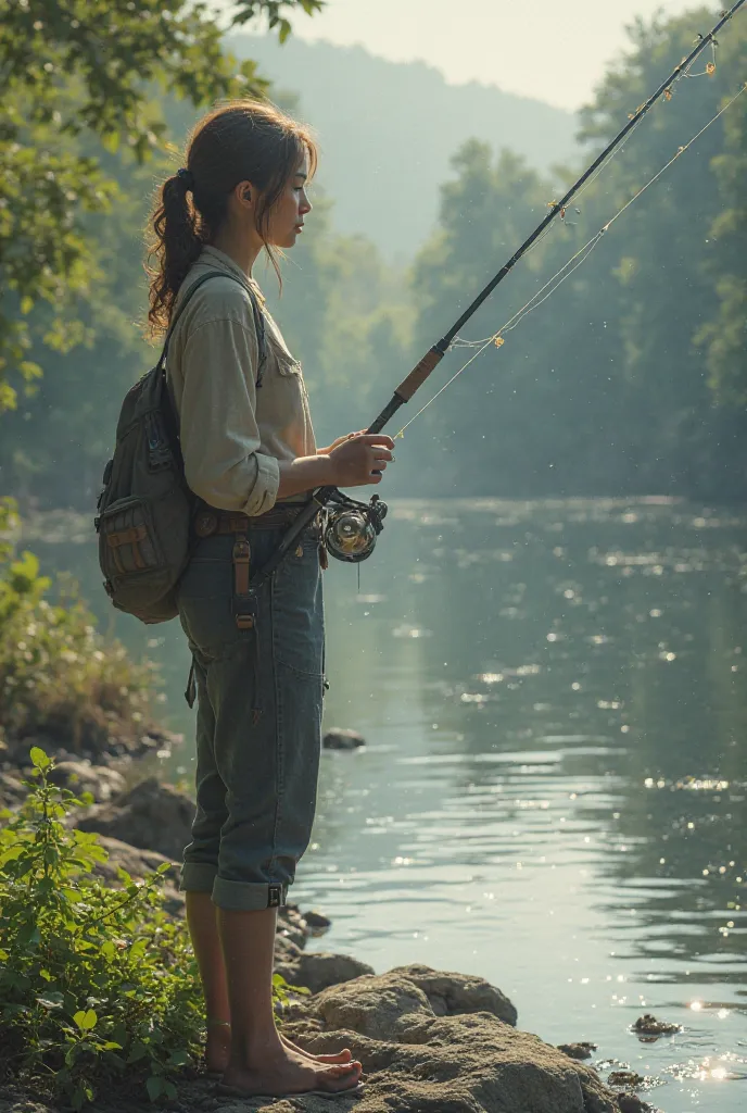 A woman on the edge of a river fishing and not a flying saucer coming out of the waters