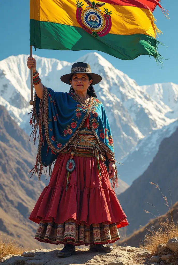 Bolivian cholita holding the Bolivian flag