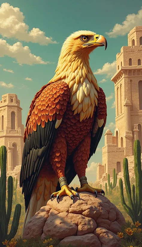 Create an impressive image of a golden eagle in a prominent position, inspired by the national coat of arms, against a background that combines ancient ruins, cacti and sunny skies, highlighting Mexican heritage.