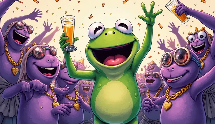 Hand-drawn illustration of Pepe the Frog in a monad-inspired form, celebrating a successful pre-sale with a joyful expression, holding a glass in one hand. Surrounding him are several unique purple-colored characters, each wearing different accessories lik...