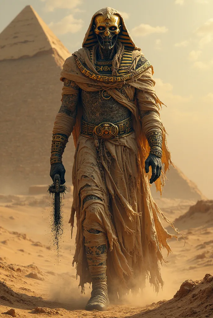 "A towering, mummified pharaoh wrapped in ancient, bloodstained bandages walks forward with unnatural grace. His golden burial mask is cracked, revealing glimpses of the decayed skull beneath. Blackened hieroglyphs glow faintly across his tattered wrapping...