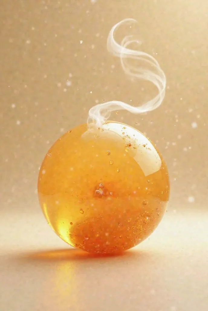 A fragile caramel ball, containing a cloud of citrus or tea foam. 