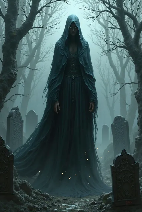 A dark Goddess of the dead standing in a graveyard 