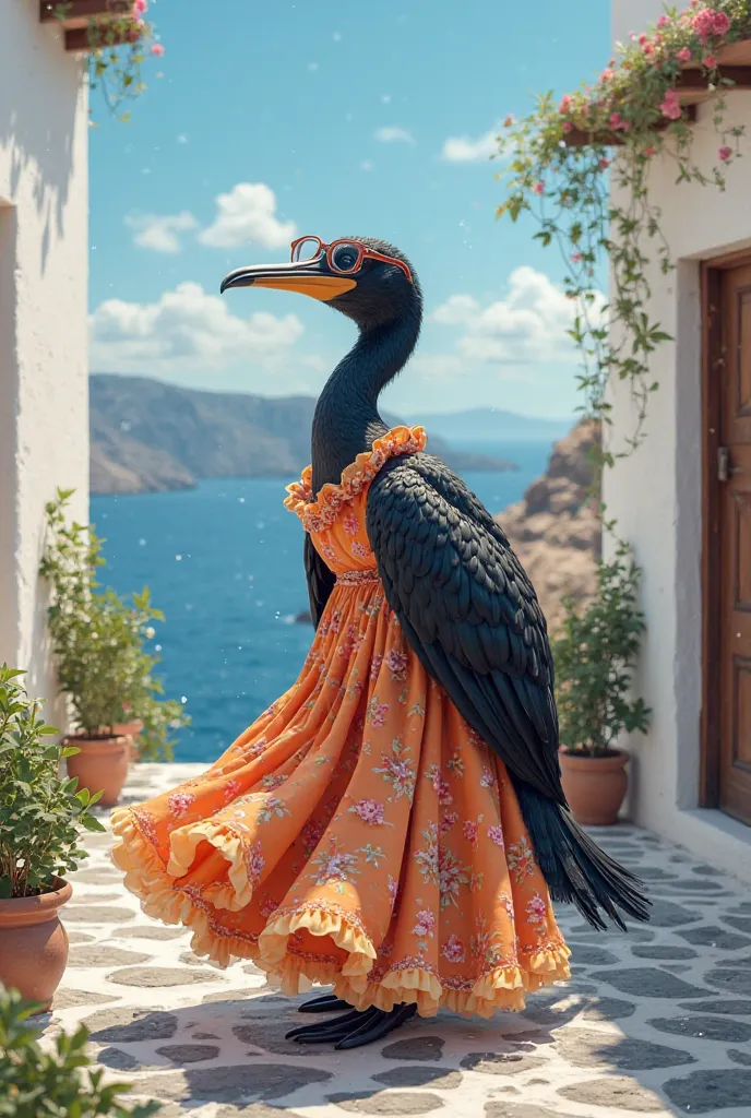 Pretty Cormorant in animated dress with glasses in Santorini 