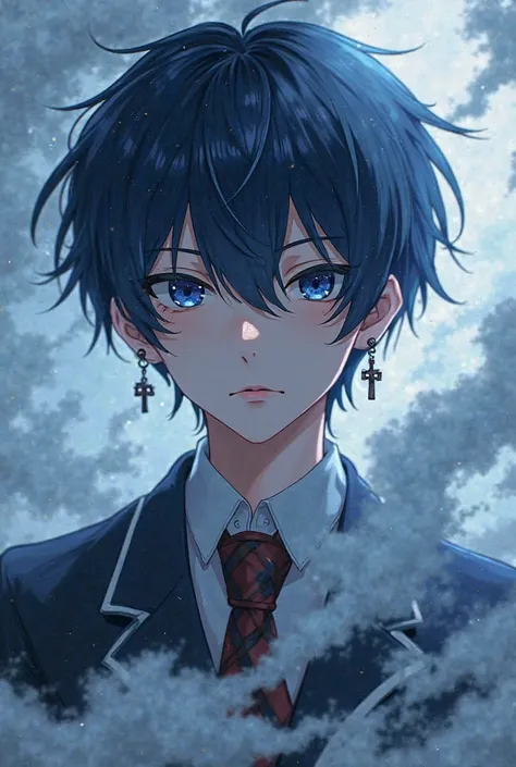 Anime boy dark blue hair and eyes pale skin cross earrings school uniform clouds of steam around him