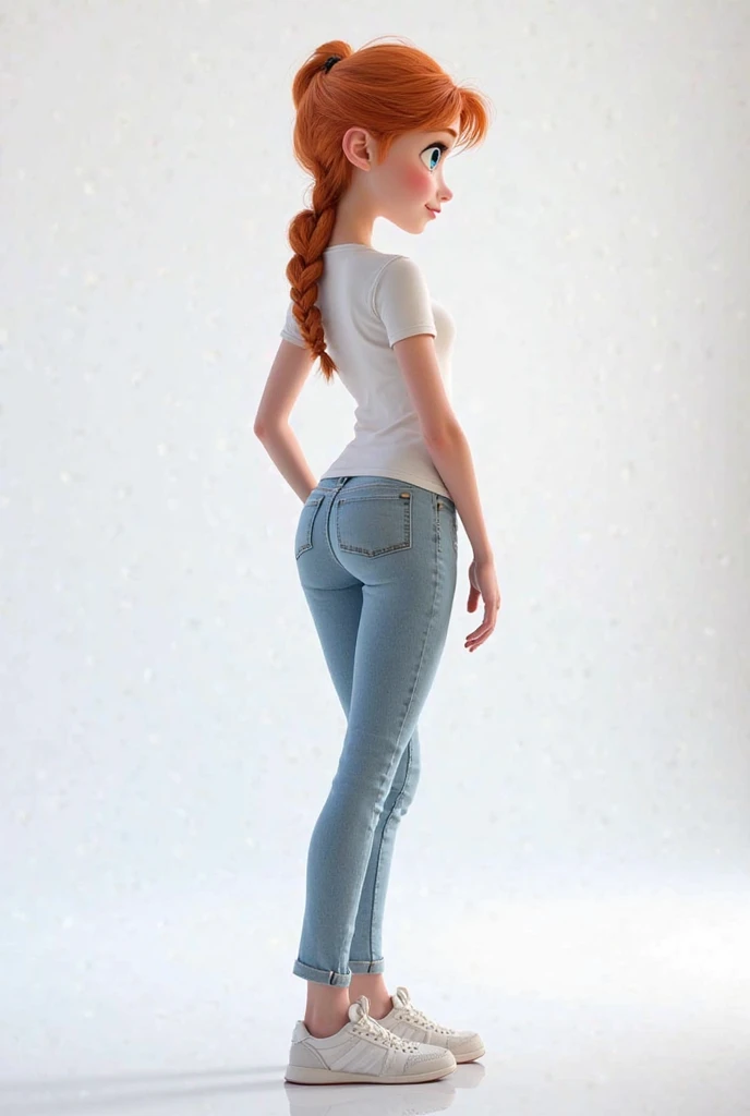 In Disney Pixar style, it shows Anna from Frozen, tall and thin, with red hair and blue eyes, with hair tied in a ponytail, wearing a white t-shirt, soft-colored skinny jeans and white sneakers, she is posing the famous "Back pose" in a reflective white st...