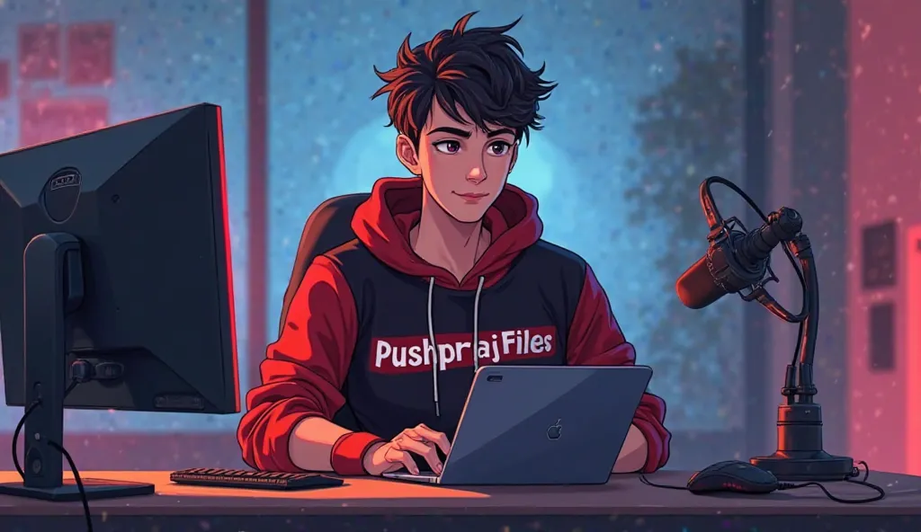 A vibrant and engaging anime-style 23-year-old india boy with a smart appearance, sitting behind a modern computer desk. He is wearing a black and red hoodie with the Channel Name "Pushpraj Files"written on it. In front of him on the desk is a laptop, alon...