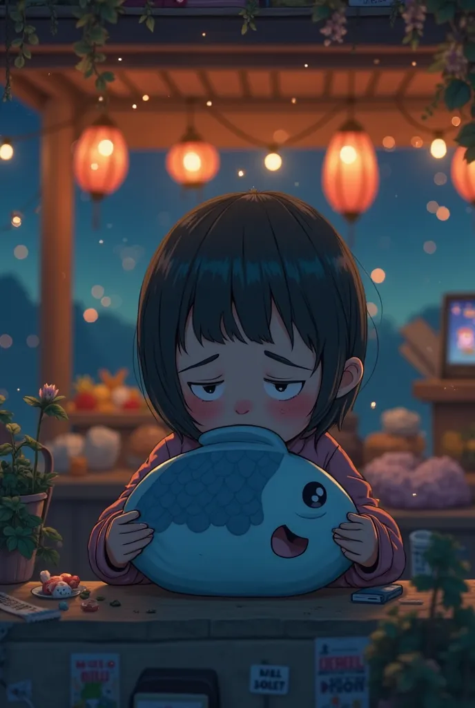 Background: Bilu's stall now rebuilt

but empty, with a smartphone showing "O likes."

• Setting: Twilight with fireflies; sad version of earlier cheerful market music.

• Camera: Close-up of Bilu crying into a fish-shaped pillow.