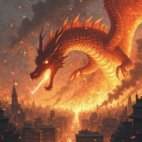 An angry fire dragon that burns the entire city Anime, 