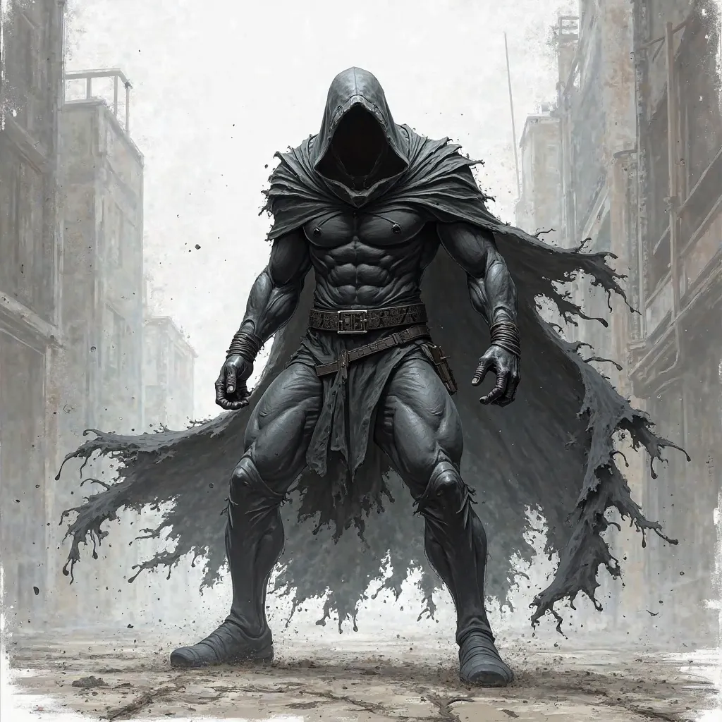 dark Shadow, Sketch, gritty, fine lines, delivering powerful Punch, fierce, torn cape, nistyle, monochrome with pastel grey color, batman