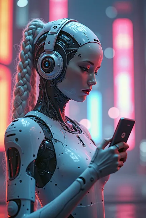 Futuristic robotic girl , Greek robotic face, braided hair simulating headphones, head ring mechanism,  medium front plane  ,   with smartphone, futuristic background, bright lights.