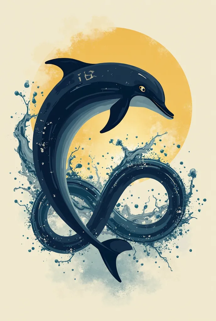 LOGO Dolphin (abstract streamline pattern), brushstrokes with water flow below (like an infinity symbol), pattern mixed with abstract text ("75"), (colors are monochrome dark blue and light yellow)