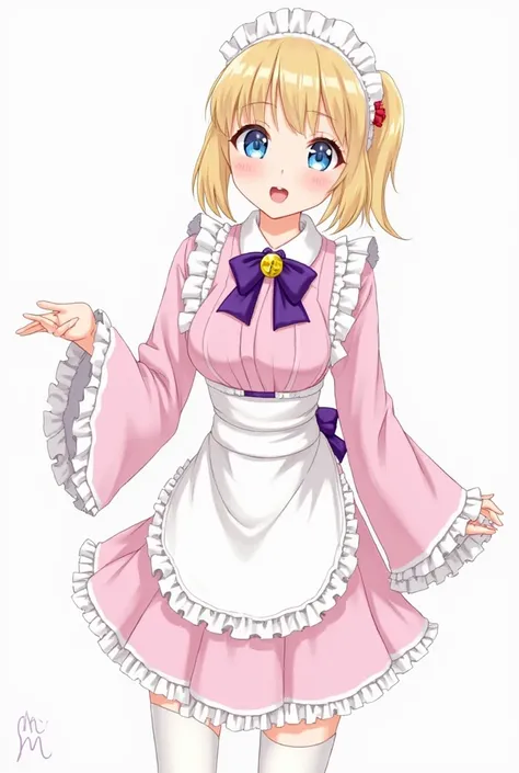 masterpiece,best quality,amazing quality,yumemizuki mizuki, 1girl, breasts, frills, large breasts, blush, japanese clothes, solo, white background, looking at viewer, short sleeves,  French Primary School uniform, bow, maid headdress, sideboob, simple back...